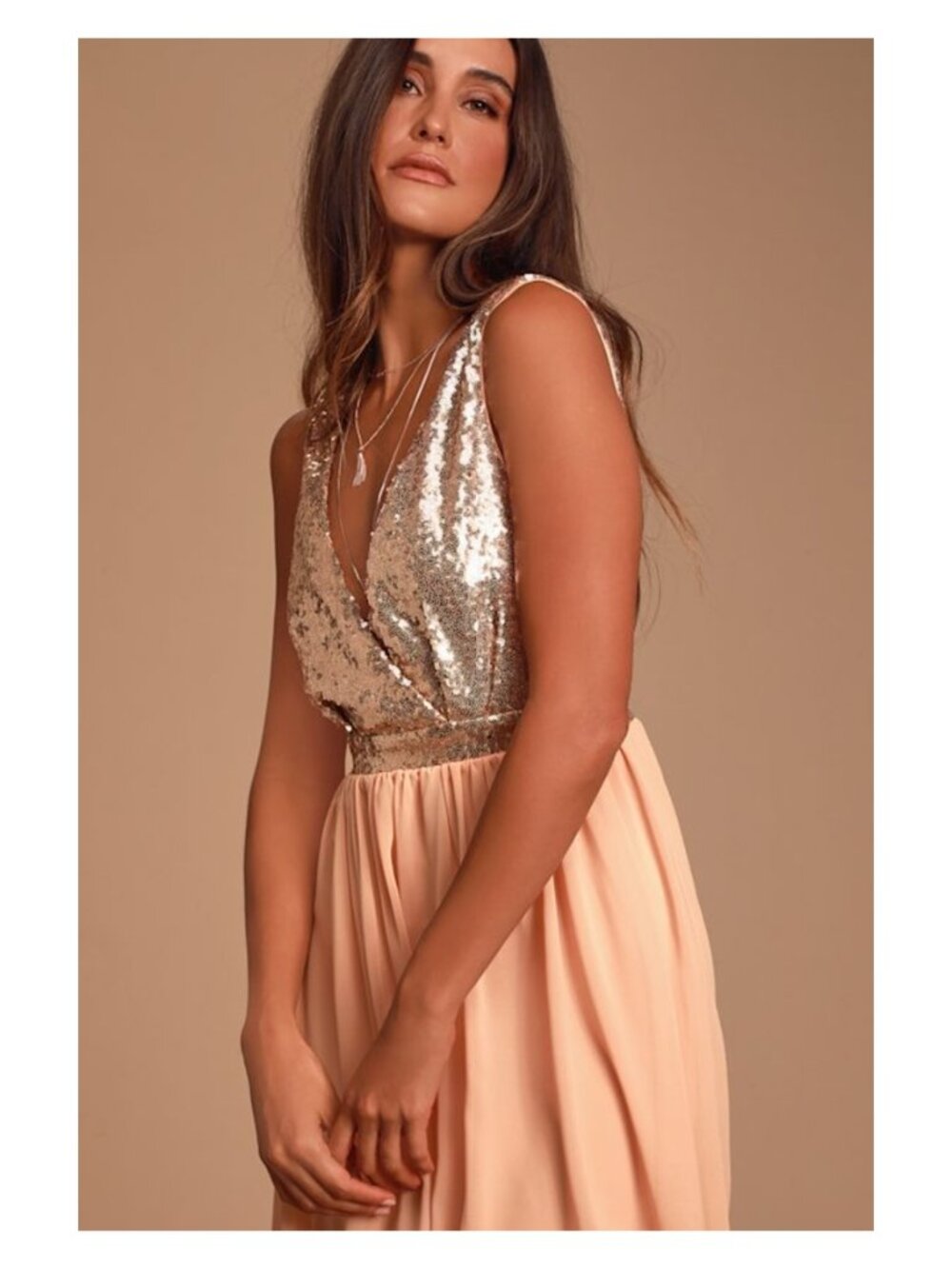 Lulus Elegant Encounter Rose Gold Sequin Maxi Dress Blush Small NWT